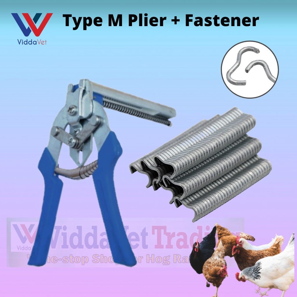 Type M Hog Ring Cage Plier + 600Pcs M Type Staples Nails