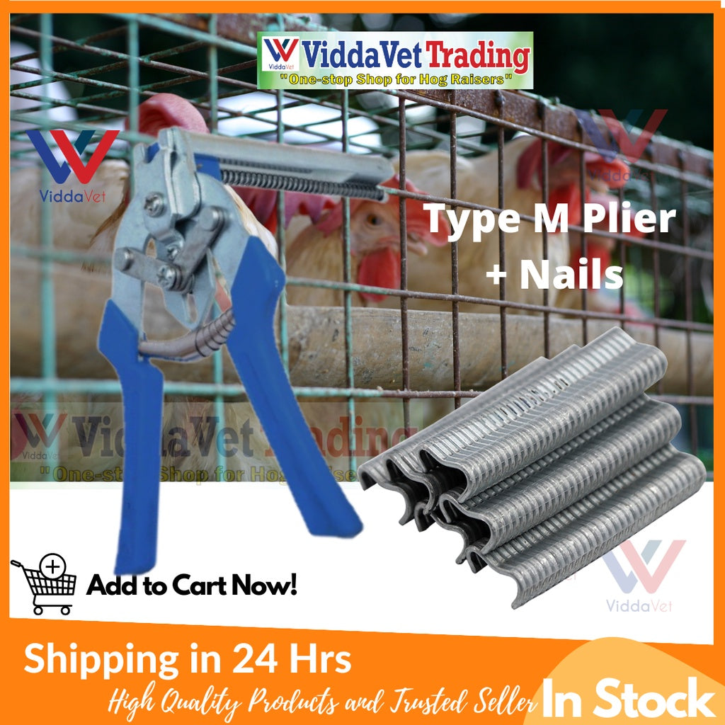 Type M Hog Ring Cage Plier + 600Pcs M Type Staples Nails