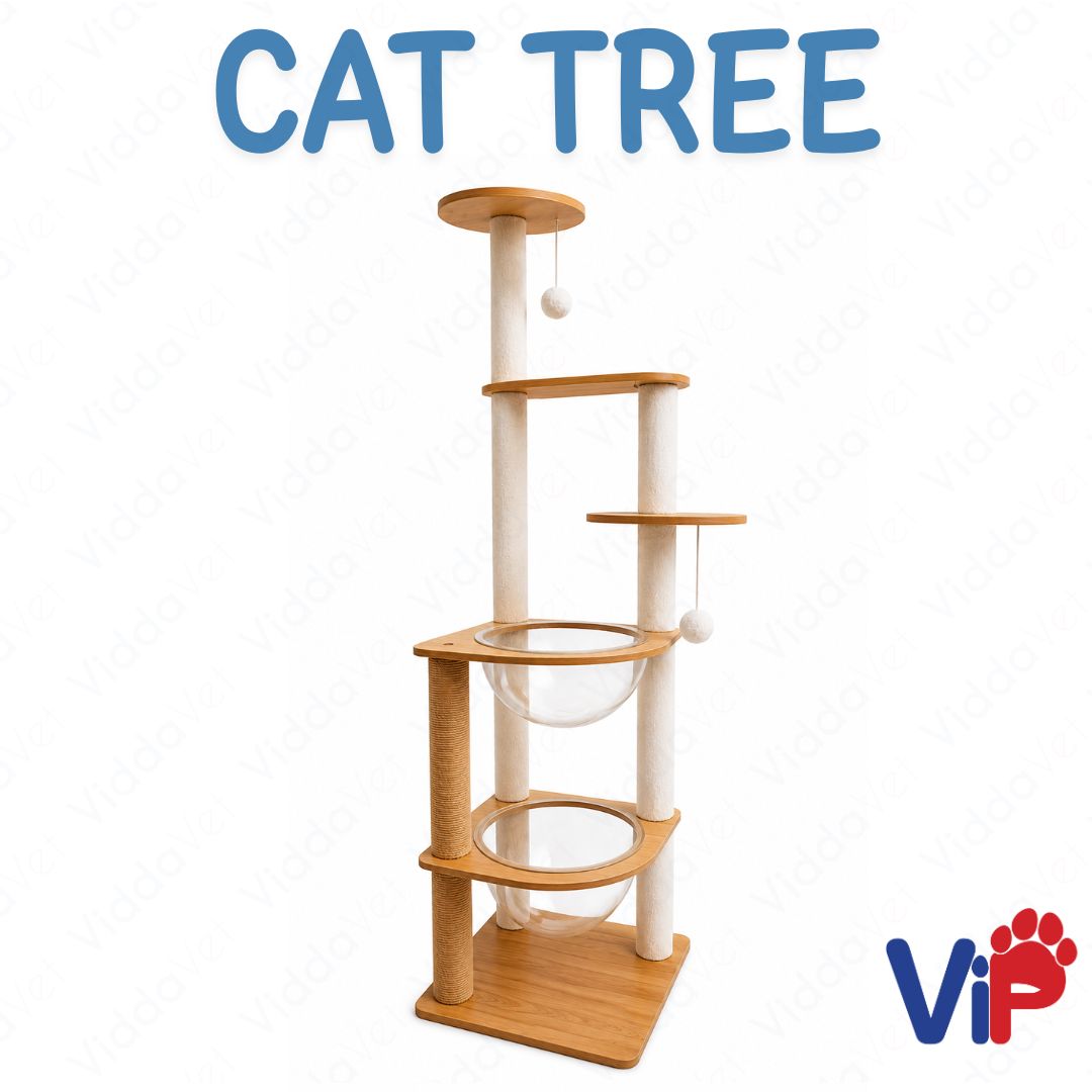 Tall Wooden Cat Tree House with Transparent Bubble Bowl and Cat Scratching Area