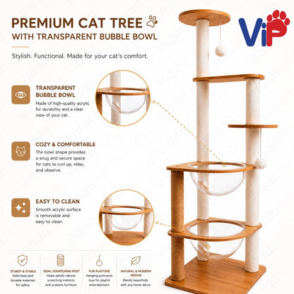 Tall Wooden Cat Tree House with Transparent Bubble Bowl and Cat Scratching Area