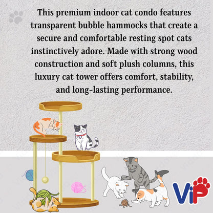 Tall Wooden Cat Tree House with Transparent Bubble Bowl and Cat Scratching Area
