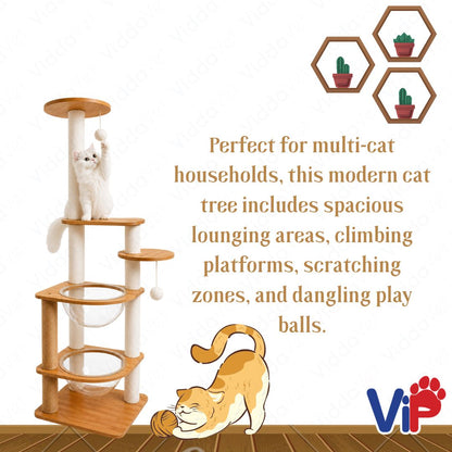 Tall Wooden Cat Tree House with Transparent Bubble Bowl and Cat Scratching Area
