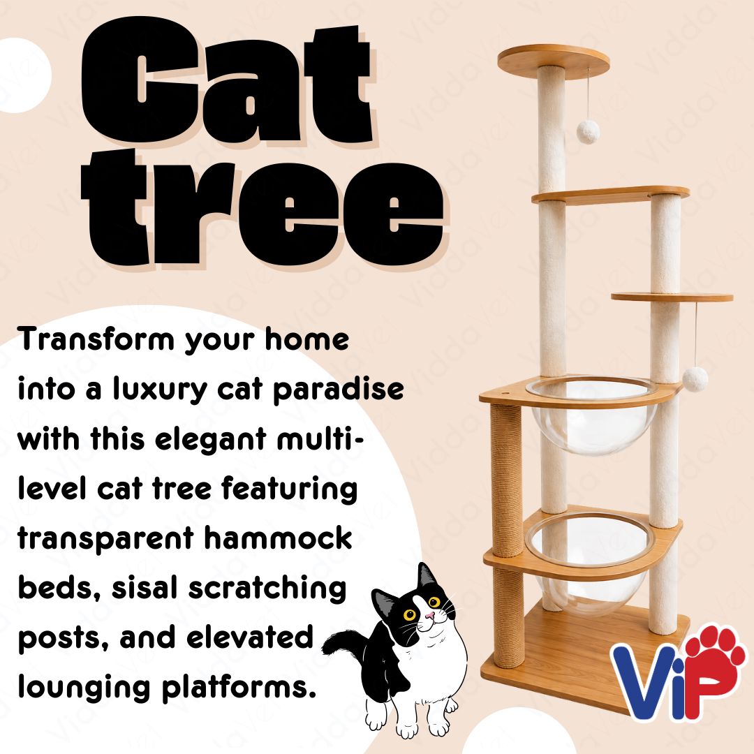 Tall Wooden Cat Tree House with Transparent Bubble Bowl and Cat Scratching Area