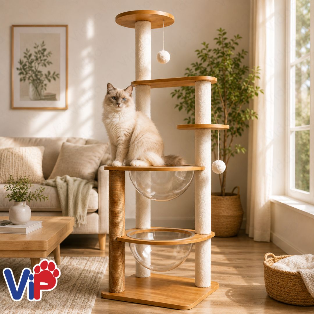 Tall Wooden Cat Tree House with Transparent Bubble Bowl and Cat Scratching Area