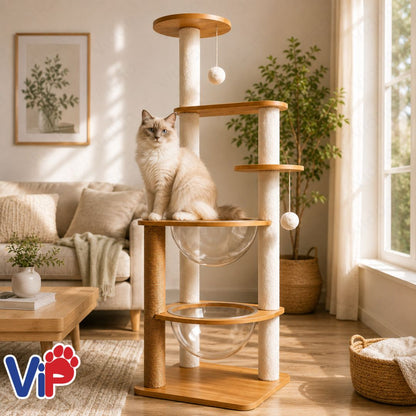 Tall Wooden Cat Tree House with Transparent Bubble Bowl and Cat Scratching Area