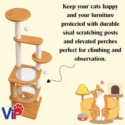 Tall Wooden Cat Tree House with Transparent Bubble Bowl and Cat Scratching Area