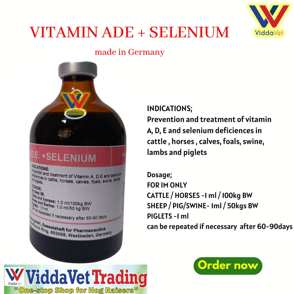 1 bottle Vit ADE + Selenium 100ml  injectable from Germany for animals pig , calves