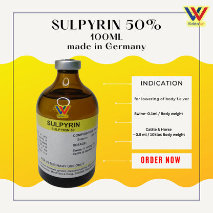 Sulpyrin 50% Injection 100ml – Antipyretic & Anti-Inflammatory for Swine, Cattle & Horses